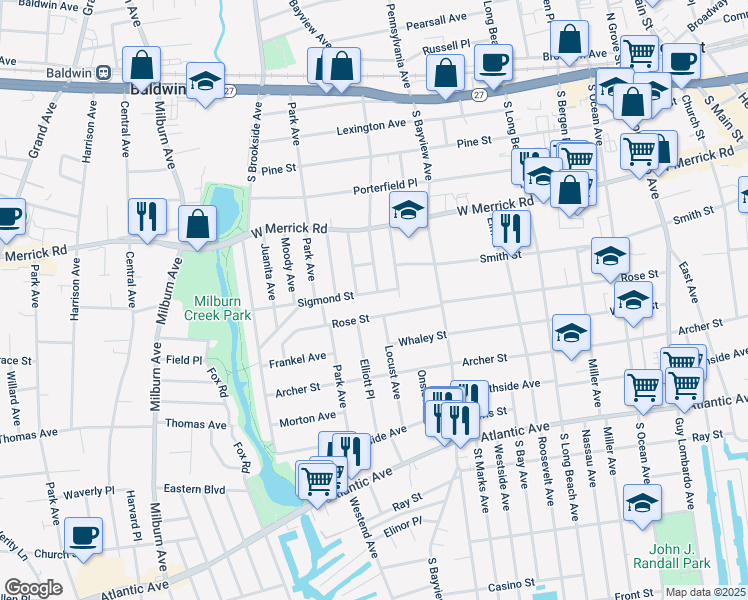 map of restaurants, bars, coffee shops, grocery stores, and more near 191 Madison Avenue in Freeport