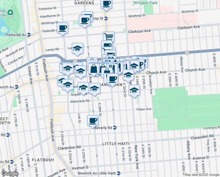 map of restaurants, bars, coffee shops, grocery stores, and more near 165 Erasmus Street in Brooklyn