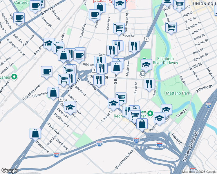 map of restaurants, bars, coffee shops, grocery stores, and more near 10 General Karge Court in Elizabeth