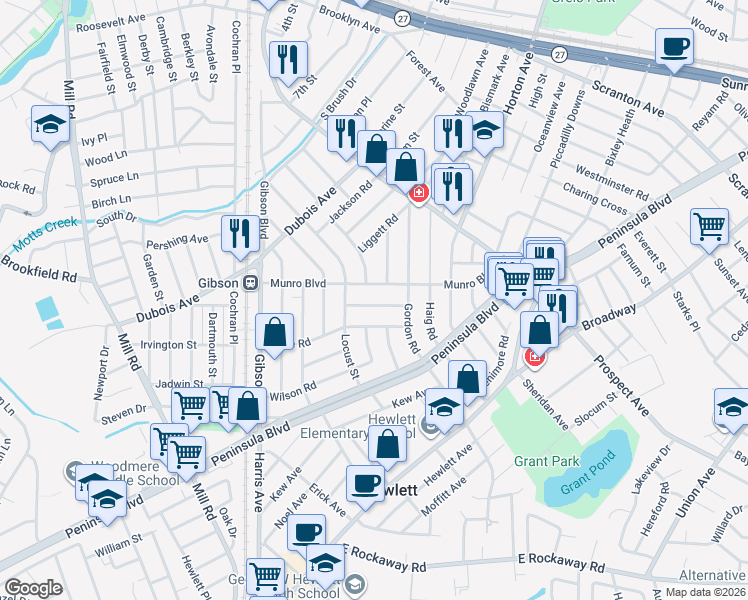 map of restaurants, bars, coffee shops, grocery stores, and more near 119 Munro Boulevard in Valley Stream