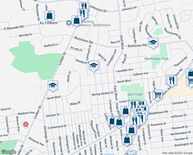 map of restaurants, bars, coffee shops, grocery stores, and more near 2530 West Boulevard in Bethlehem