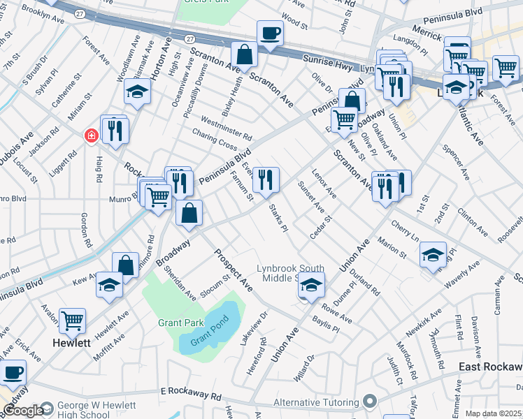 map of restaurants, bars, coffee shops, grocery stores, and more near 4 Farnum Street in Lynbrook