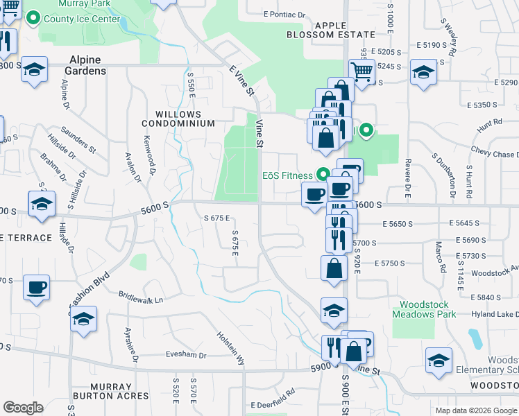 map of restaurants, bars, coffee shops, grocery stores, and more near 6109 South Vine Street in Murray