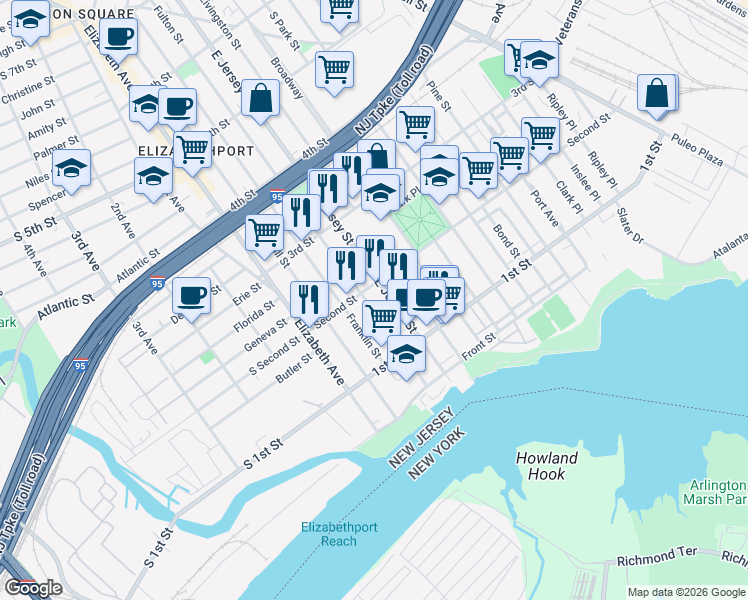 map of restaurants, bars, coffee shops, grocery stores, and more near 200 East Jersey Street in Elizabeth