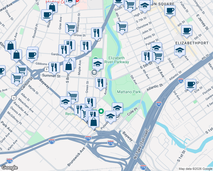 map of restaurants, bars, coffee shops, grocery stores, and more near 598 Clarkson Avenue in Elizabeth