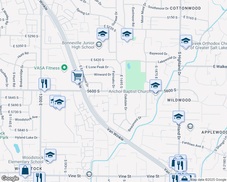 map of restaurants, bars, coffee shops, grocery stores, and more near 6414 Fairoaks Drive in Holladay
