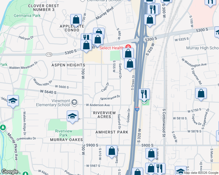 map of restaurants, bars, coffee shops, grocery stores, and more near 581 West Greenleaf Drive in Murray