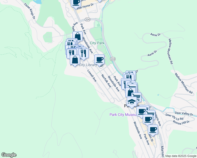 map of restaurants, bars, coffee shops, grocery stores, and more near 1203 Empire Avenue in Park City