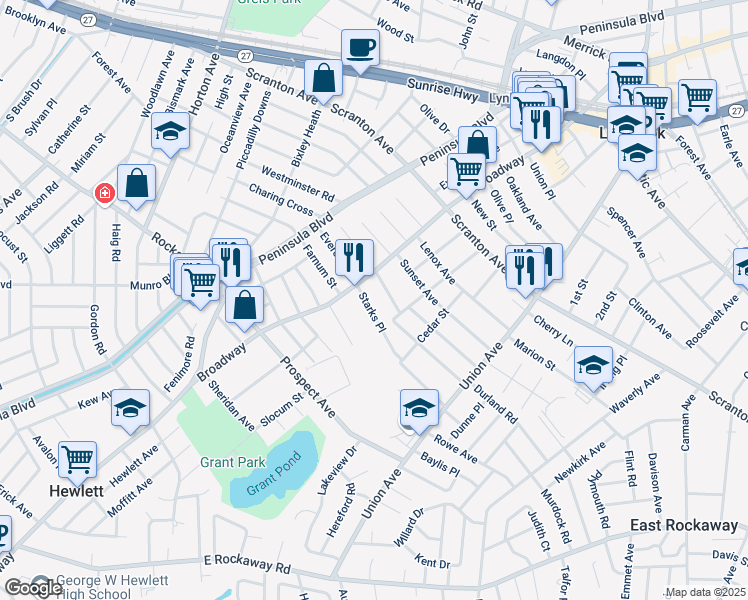 map of restaurants, bars, coffee shops, grocery stores, and more near 2A Duryea Place in Lynbrook
