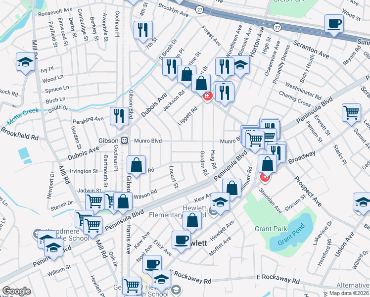 map of restaurants, bars, coffee shops, grocery stores, and more near 119 Munro Boulevard in Valley Stream
