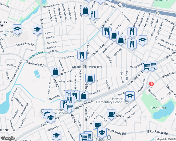 map of restaurants, bars, coffee shops, grocery stores, and more near in Valley Stream