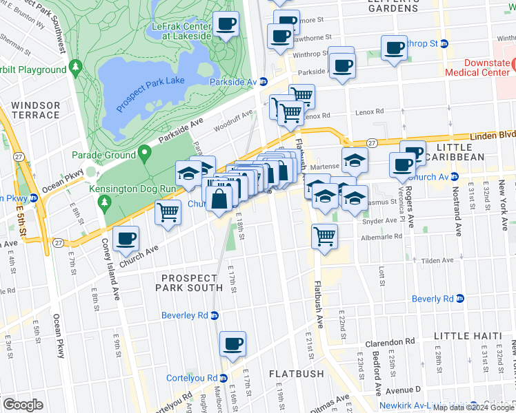 map of restaurants, bars, coffee shops, grocery stores, and more near 1911 Church Avenue in Brooklyn