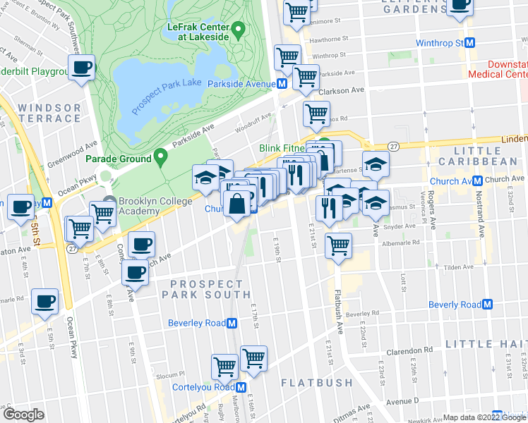 map of restaurants, bars, coffee shops, grocery stores, and more near 1911 Church Avenue in Brooklyn