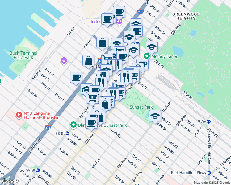 map of restaurants, bars, coffee shops, grocery stores, and more near 440 42nd Street in Brooklyn