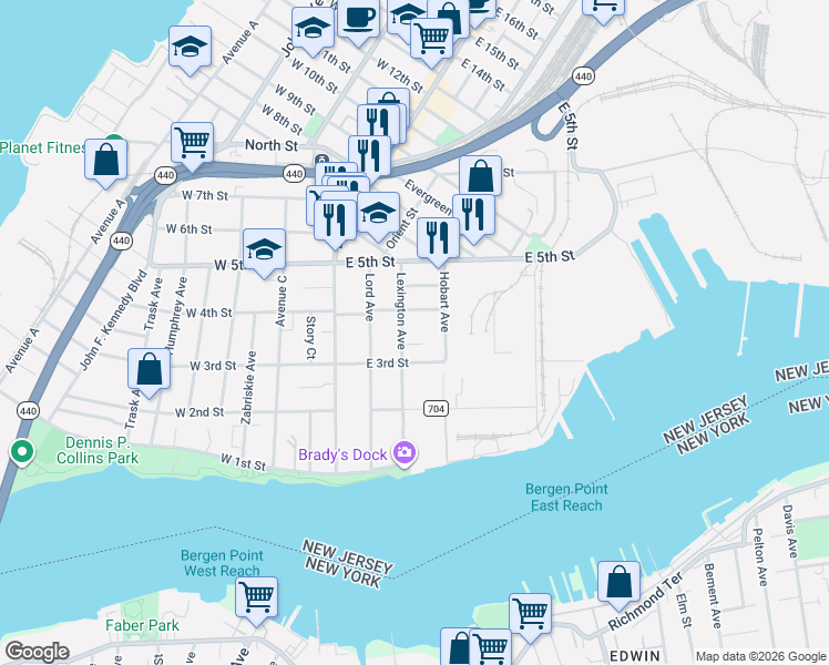 map of restaurants, bars, coffee shops, grocery stores, and more near 114 Lexington Avenue in Bayonne