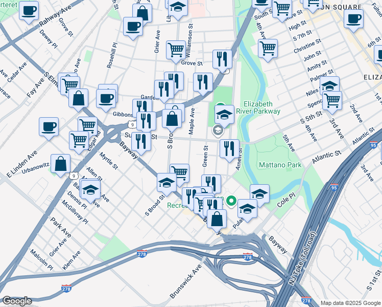 map of restaurants, bars, coffee shops, grocery stores, and more near 652-654 Summer Street in Elizabeth