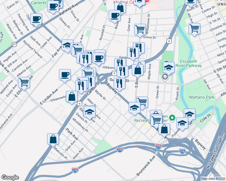 map of restaurants, bars, coffee shops, grocery stores, and more near 829-833 Bayway Avenue in Elizabeth