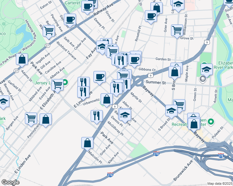 map of restaurants, bars, coffee shops, grocery stores, and more near 937 Spofford Avenue in Elizabeth