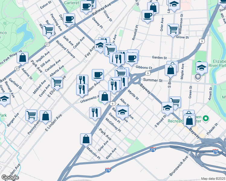 map of restaurants, bars, coffee shops, grocery stores, and more near 937 Spofford Avenue in Elizabeth