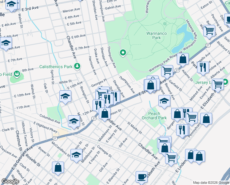 map of restaurants, bars, coffee shops, grocery stores, and more near 1025 Drake Avenue in Roselle