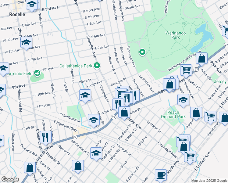 map of restaurants, bars, coffee shops, grocery stores, and more near 1021 Chandler Avenue in Roselle