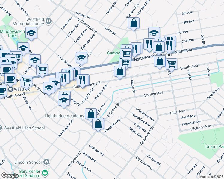 map of restaurants, bars, coffee shops, grocery stores, and more near 651 South Avenue in Garwood