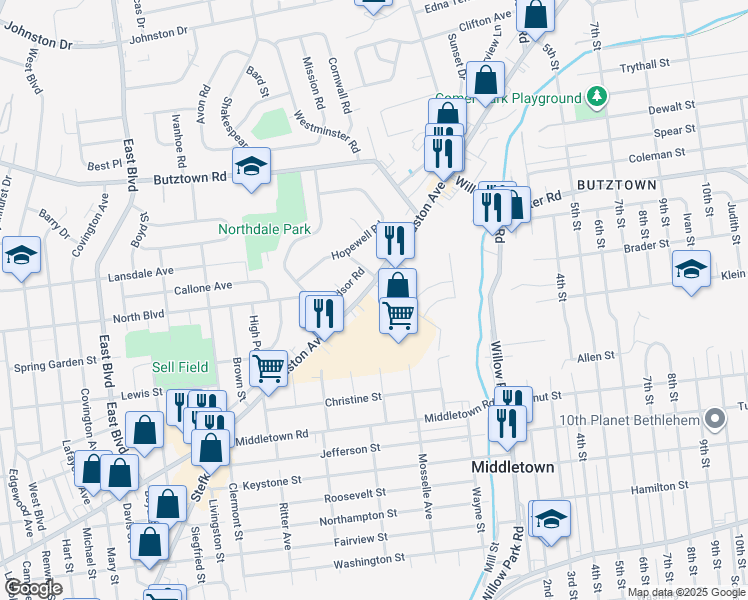 map of restaurants, bars, coffee shops, grocery stores, and more near 1946 Windsor Road in Bethlehem