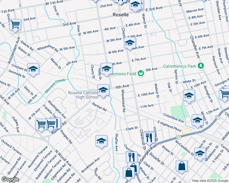 map of restaurants, bars, coffee shops, grocery stores, and more near 150 West 9th Avenue in Roselle
