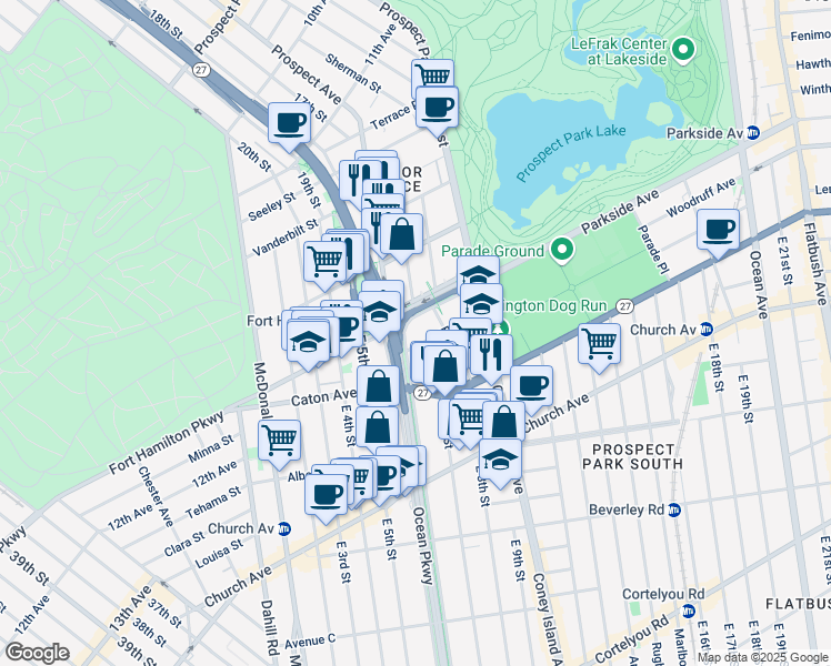 map of restaurants, bars, coffee shops, grocery stores, and more near 71 Ocean Parkway in Brooklyn