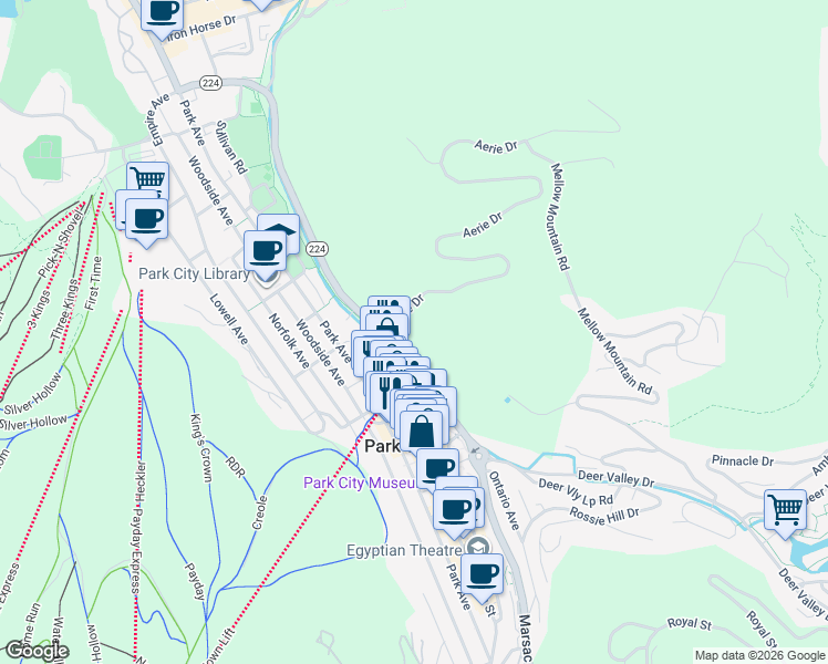 map of restaurants, bars, coffee shops, grocery stores, and more near 777 Aerie Drive in Park City