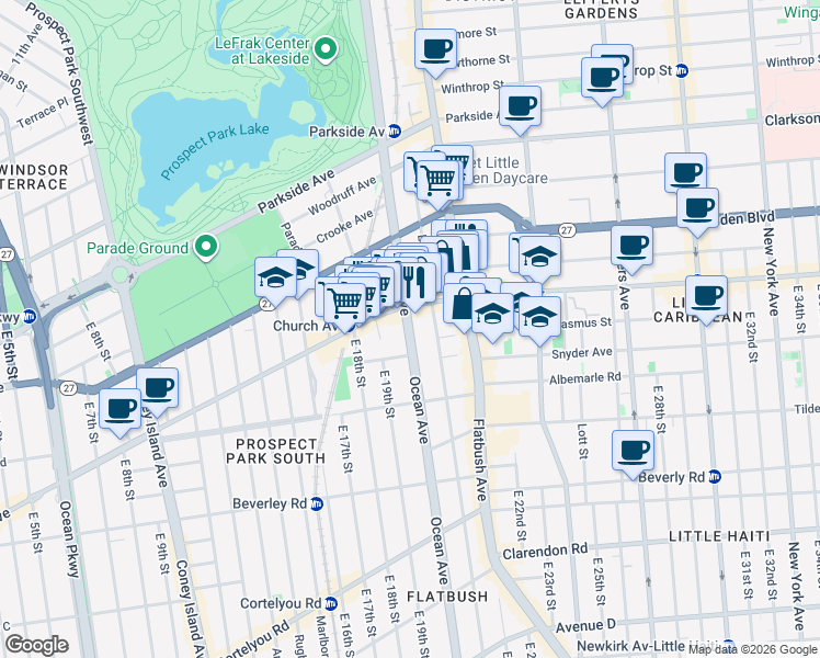map of restaurants, bars, coffee shops, grocery stores, and more near 542 Ocean Avenue in Brooklyn