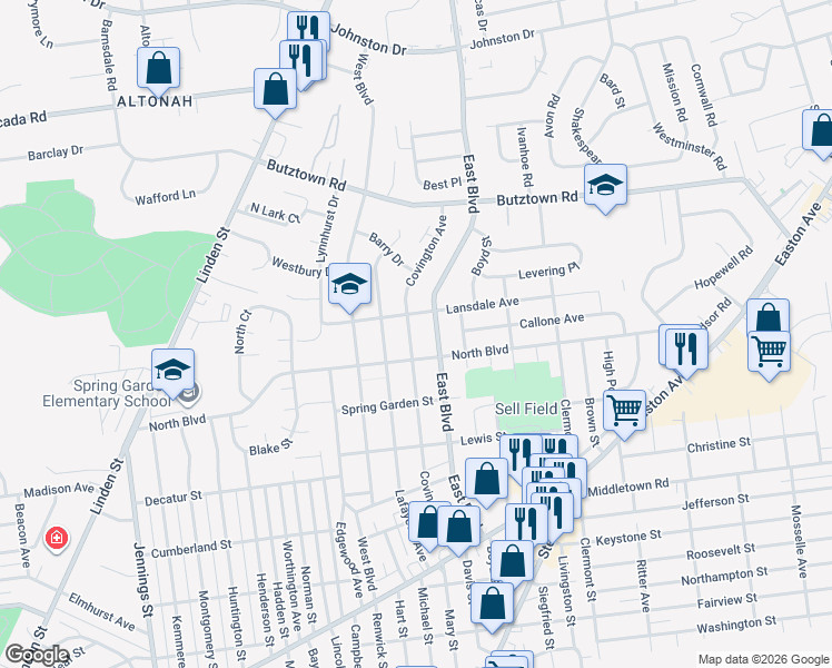 map of restaurants, bars, coffee shops, grocery stores, and more near 2524 Covington Avenue in Bethlehem