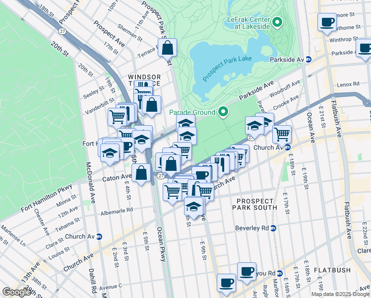 map of restaurants, bars, coffee shops, grocery stores, and more near 312 Coney Island Avenue in Brooklyn