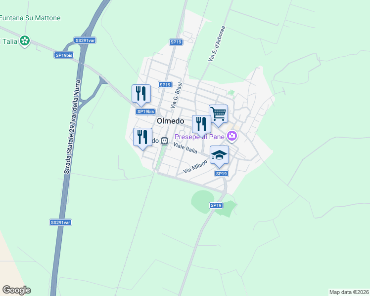 map of restaurants, bars, coffee shops, grocery stores, and more near 15 Via Grazia Deledda in Olmedo