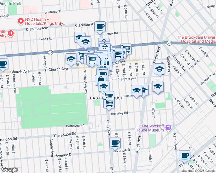 map of restaurants, bars, coffee shops, grocery stores, and more near 940 Utica Avenue in Brooklyn