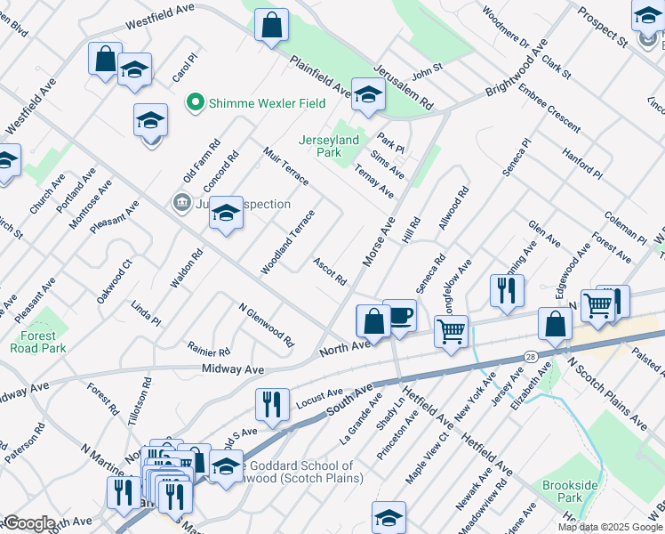 map of restaurants, bars, coffee shops, grocery stores, and more near 2258 Edgewood Terrace in Scotch Plains