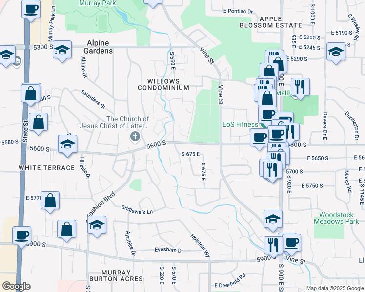 map of restaurants, bars, coffee shops, grocery stores, and more near 602 East 5600 South in Murray
