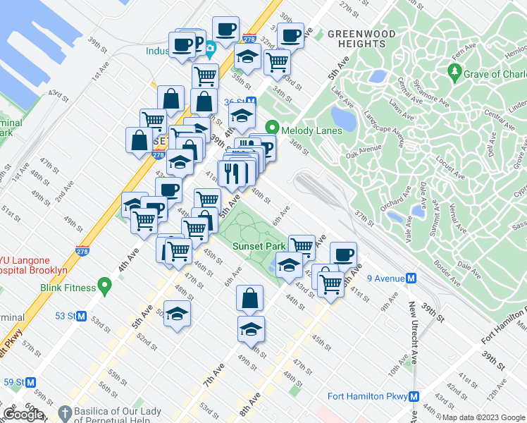 map of restaurants, bars, coffee shops, grocery stores, and more near 526 40th Street in Brooklyn