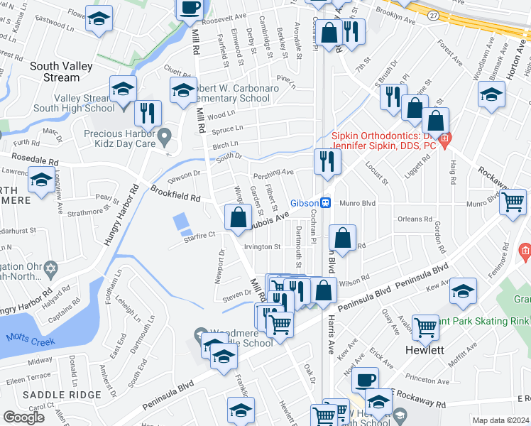 map of restaurants, bars, coffee shops, grocery stores, and more near 67 Garden Street in Valley Stream