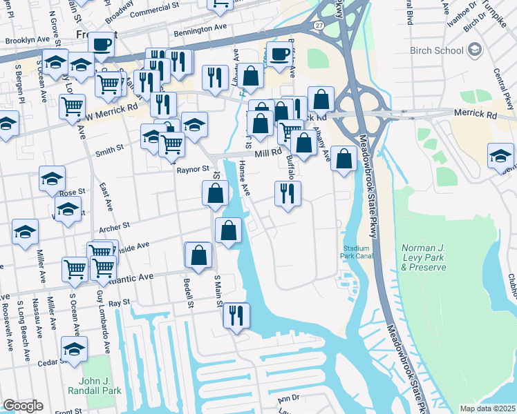map of restaurants, bars, coffee shops, grocery stores, and more near 41 Hanse Avenue in Freeport