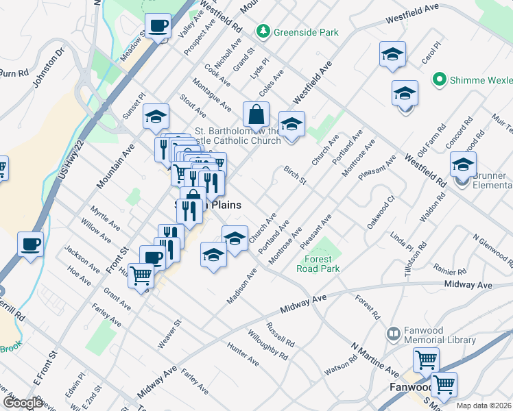 map of restaurants, bars, coffee shops, grocery stores, and more near 531 Forest Road in Scotch Plains