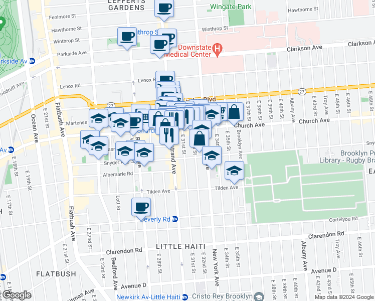 map of restaurants, bars, coffee shops, grocery stores, and more near 51 East 31st Street in Brooklyn