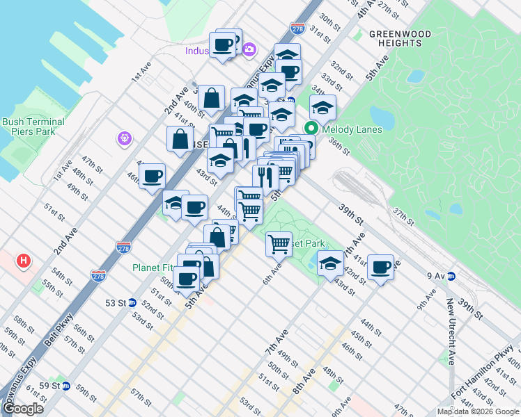map of restaurants, bars, coffee shops, grocery stores, and more near 4210 5th Avenue in Brooklyn