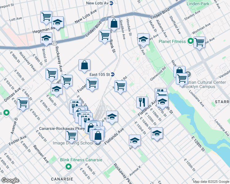map of restaurants, bars, coffee shops, grocery stores, and more near 790 East 103rd Street in Brooklyn