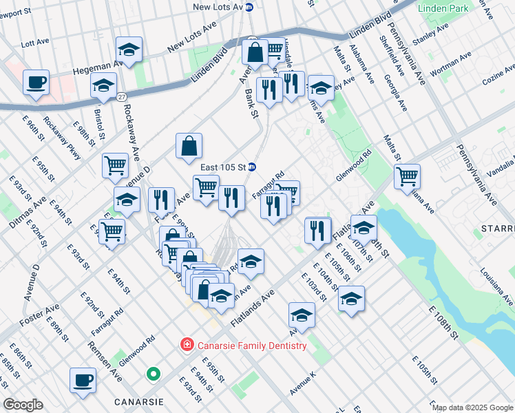 map of restaurants, bars, coffee shops, grocery stores, and more near 790 East 103rd Street in Brooklyn