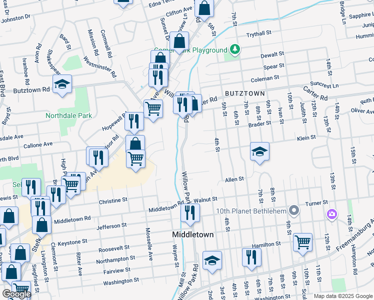 map of restaurants, bars, coffee shops, grocery stores, and more near 2427 Ridge View Court in Bethlehem