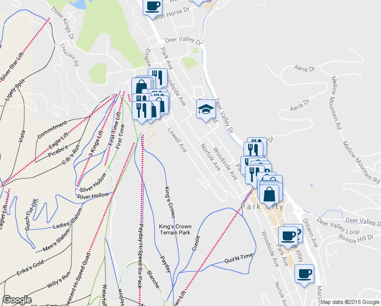map of restaurants, bars, coffee shops, grocery stores, and more near 1172 Lowell Avenue in Park City