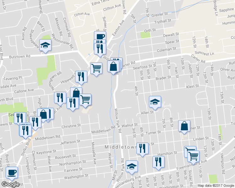 map of restaurants, bars, coffee shops, grocery stores, and more near 2427 Ridge View Court in Bethlehem