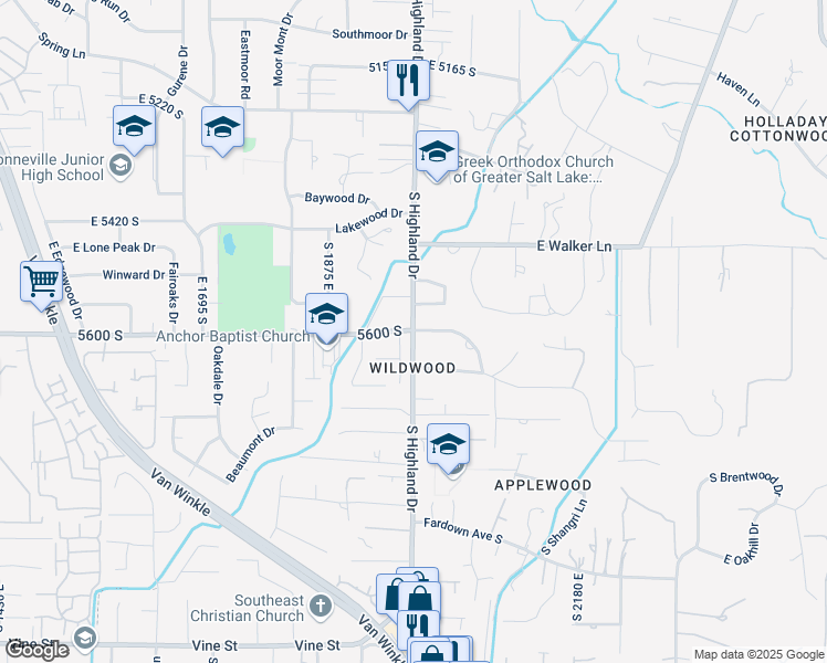 map of restaurants, bars, coffee shops, grocery stores, and more near 5600 South Highland Drive in Holladay