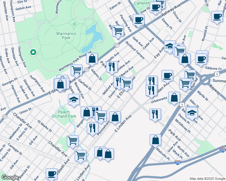 map of restaurants, bars, coffee shops, grocery stores, and more near 1927 Essex Avenue in Linden